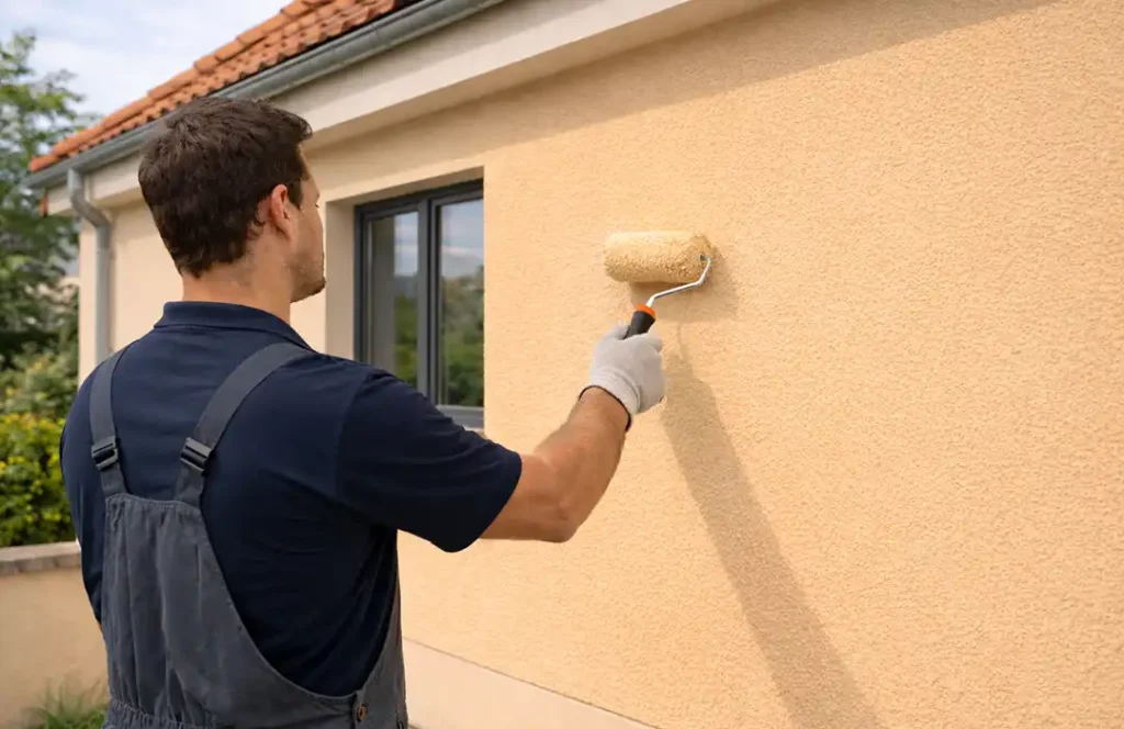 Une personne portant une combinaison et des gants utilise un rouleau à peinture pour appliquer de la peinture de couleur crème sur le mur extérieur d'une maison - un exemple parfait de quand refaire la peinture extérieure. Une fenêtre et une partie du toit en tuiles sont visibles à l'arrière-plan.