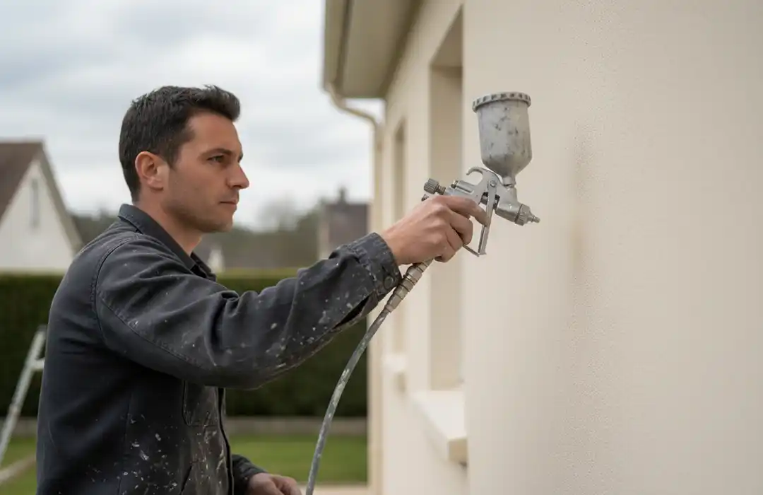 Refaire la peinture extérieure de son habitation – Isolex Un homme en tenue de travail sombre utilise un pulvérisateur de peinture pour refaire la peinture extérieure de son habitation. Il est concentré sur sa tâche, avec des éclaboussures de peinture sur ses vêtements et ses mains.