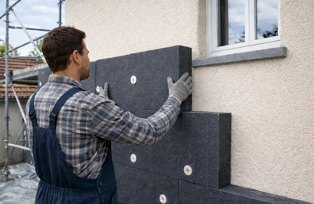 Pourquoi choisir l’isolation par l’extérieur – Isolex Une personne portant des gants et une combinaison installe de grands panneaux d'isolation sombres sur le mur extérieur d'un bâtiment, sous une fenêtre - démontrant pourquoi choisir l'isolation par l'extérieur. Un échafaudage est visible à l'arrière-plan.