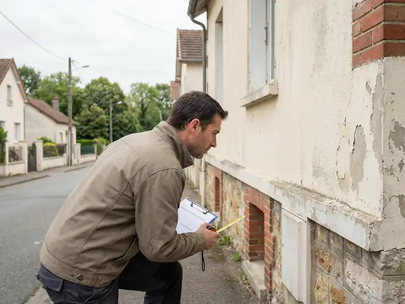 Un homme en blouson inspecte le mur ext&eacute;rieur fissur&eacute; et d&eacute;coll&eacute; d'une maison, planchette et crayon &agrave; la main, effectuant un diagnostic pour l'isolation thermique par l'ext&eacute;rieur dans une rue r&eacute;sidentielle calme.