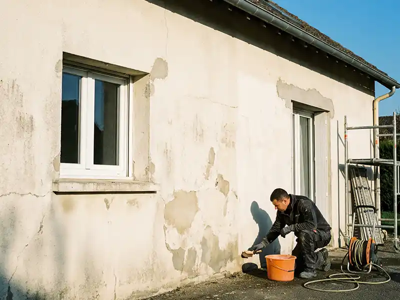 Une personne v&ecirc;tue d'une veste noire est agenouill&eacute;e &agrave; c&ocirc;t&eacute; d'un mur ext&eacute;rieur blanc et us&eacute; par les intemp&eacute;ries, effectuant un nettoyage de fa&ccedil;ade &agrave; l'aide d'une &eacute;ponge et d'un seau. Une fen&ecirc;tre et un &eacute;chafaudage sont visibles &agrave; proximit&eacute;.