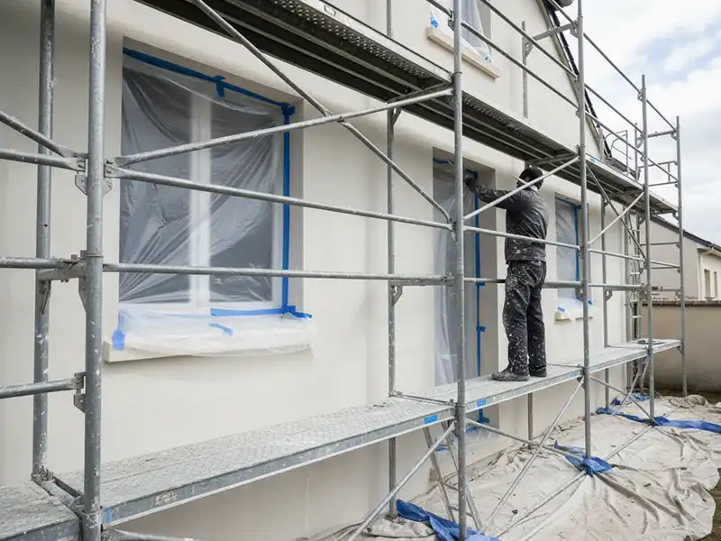 Une personne mont&eacute;e sur un &eacute;chafaudage applique de la peinture de fa&ccedil;ade sur le mur ext&eacute;rieur d'une maison. Les fen&ecirc;tres sont prot&eacute;g&eacute;es par des feuilles de plastique et du ruban adh&eacute;sif, tandis qu'une b&acirc;che recouvre le sol en contrebas.