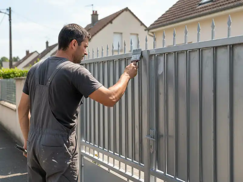 Peinture de portail - Isolex Un homme portant une salopette grise peint au pinceau une clôture métallique par une journée ensoleillée dans un quartier résidentiel, capturant l'essence de la peinture de portail avec des maisons visibles à l'arrière-plan.